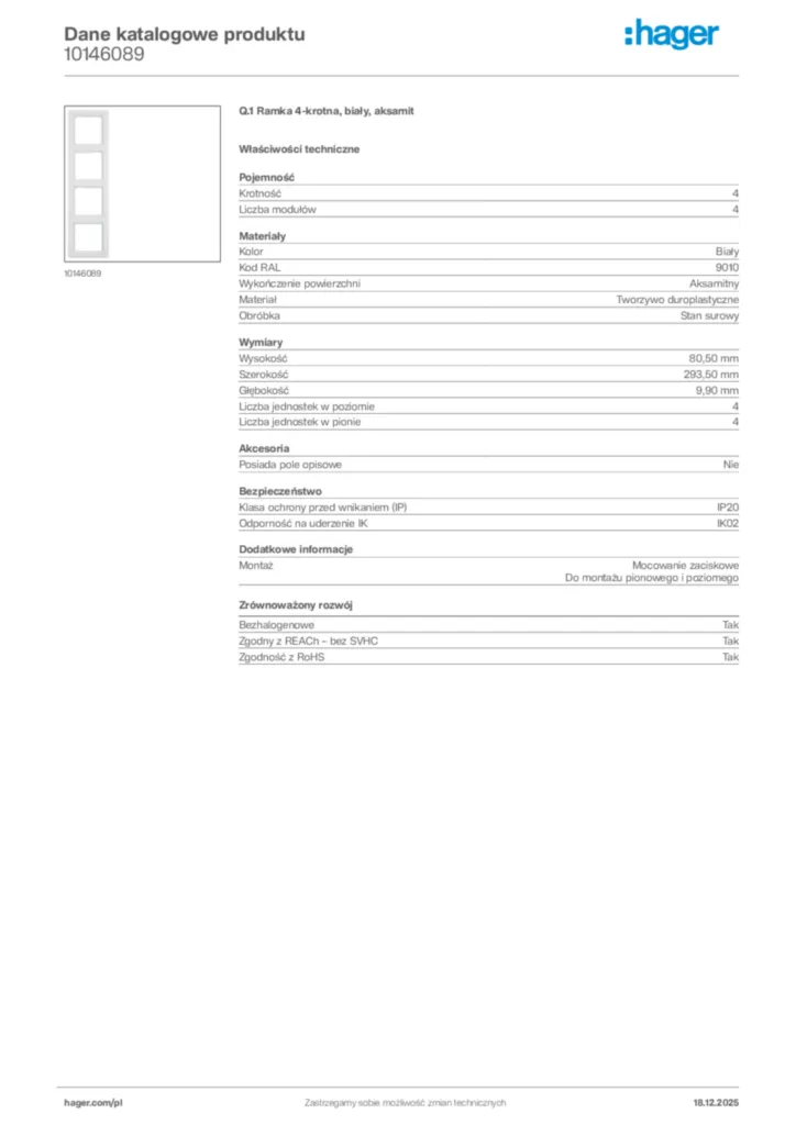 Zdjęcie Hager Karta katalogowa 10146089 | Hager Polska