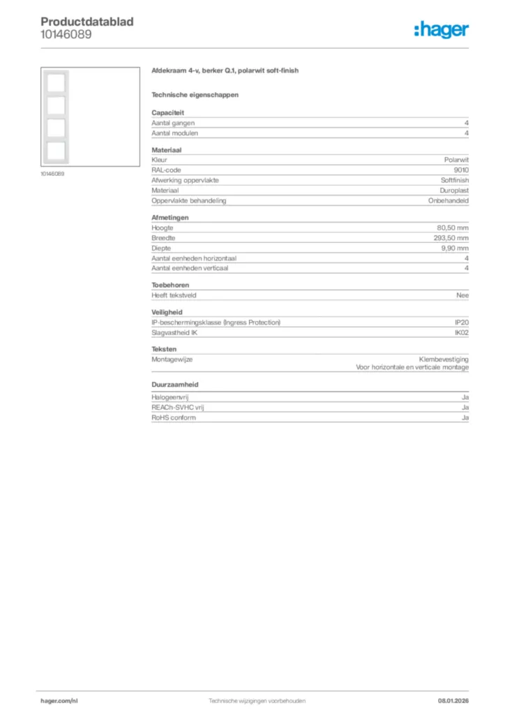 Afbeelding Hager Productdatablad 10146089 | Hager Nederland