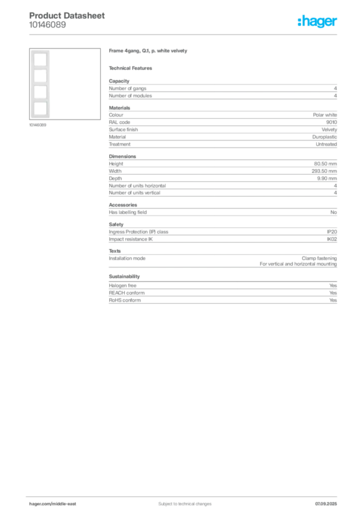 Image Hager Product data sheet 10146089  | Hager