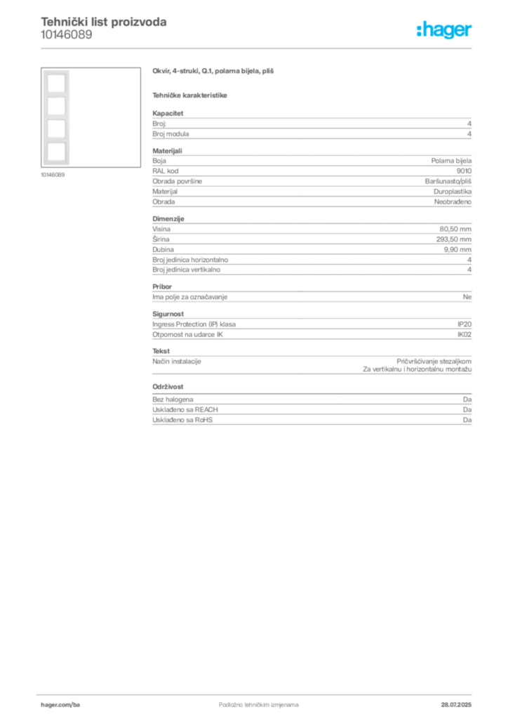 Slika Hager Product data sheet 10146089  | Hager