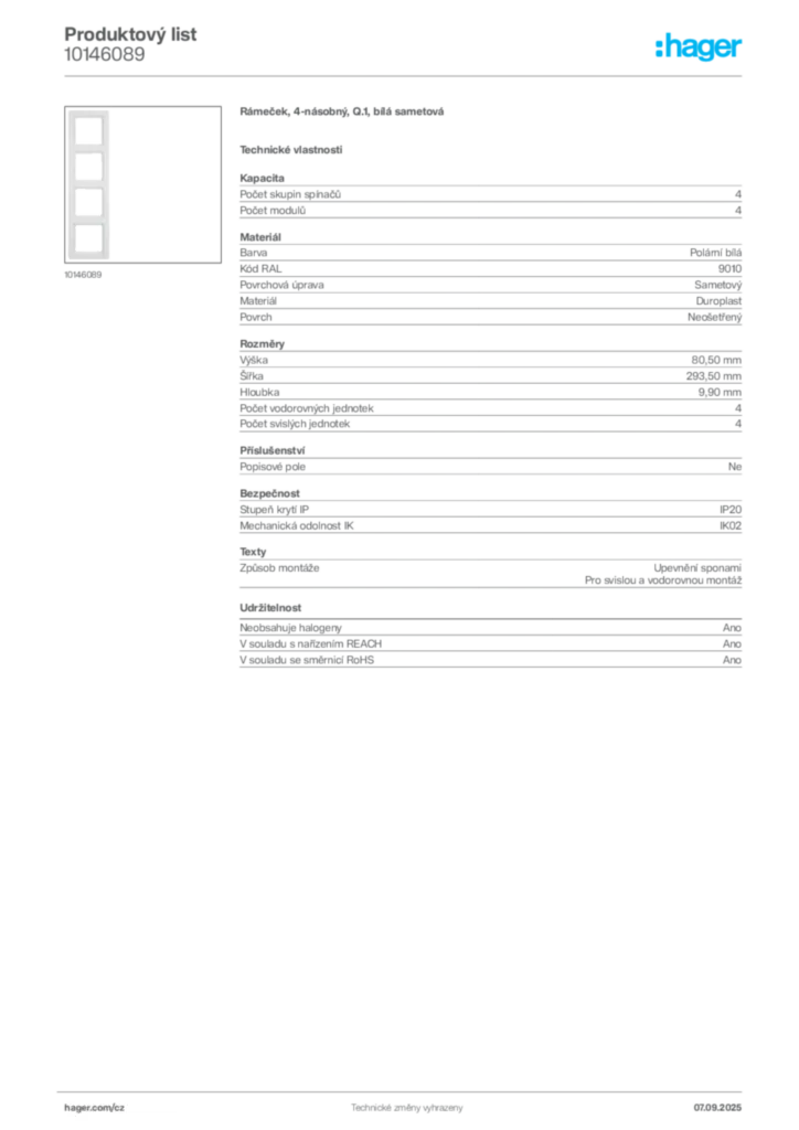 Obrázek Hager Produktový list 10146089 | Hager