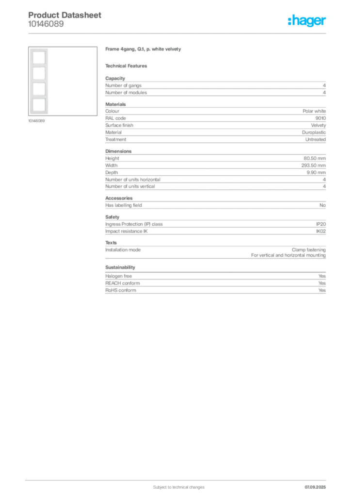 Image Hager Product data sheet 10146089  | Hager