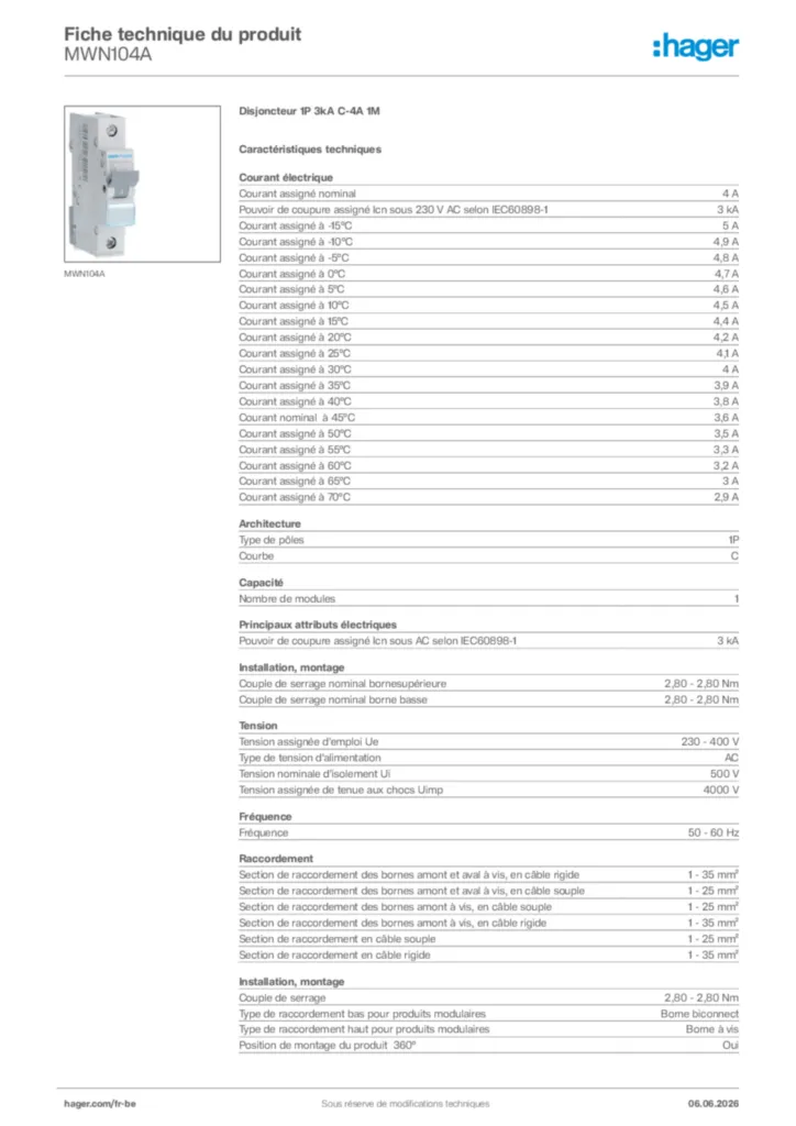 Image Hager Fiche technique du produit MWN104A | Hager Belgique
