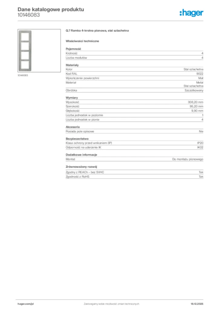 Zdjęcie Hager Karta katalogowa 10146083 | Hager Polska