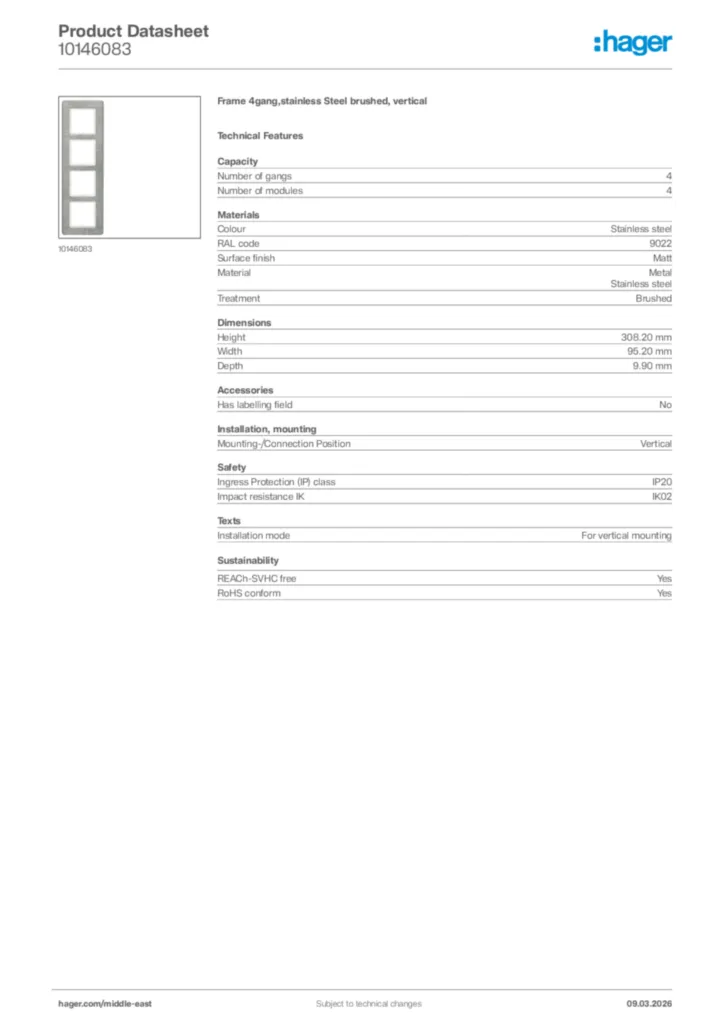 Image Hager Product data sheet 10146083  | Hager