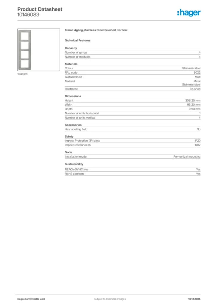 Image Hager Product data sheet 10146083  | Hager