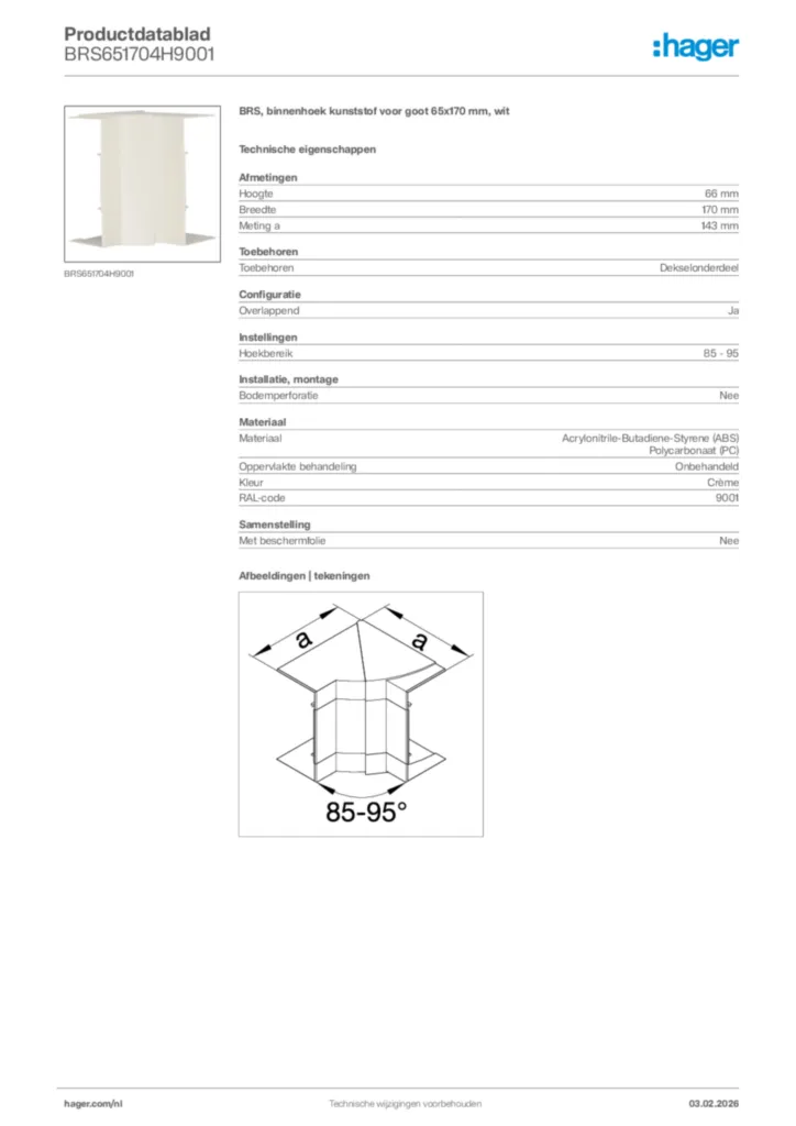 Afbeelding Hager Productdatablad BRS651704H9001 | Hager Nederland