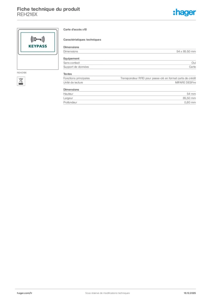 Image Hager Fiche technique du produit REH216X | Hager France