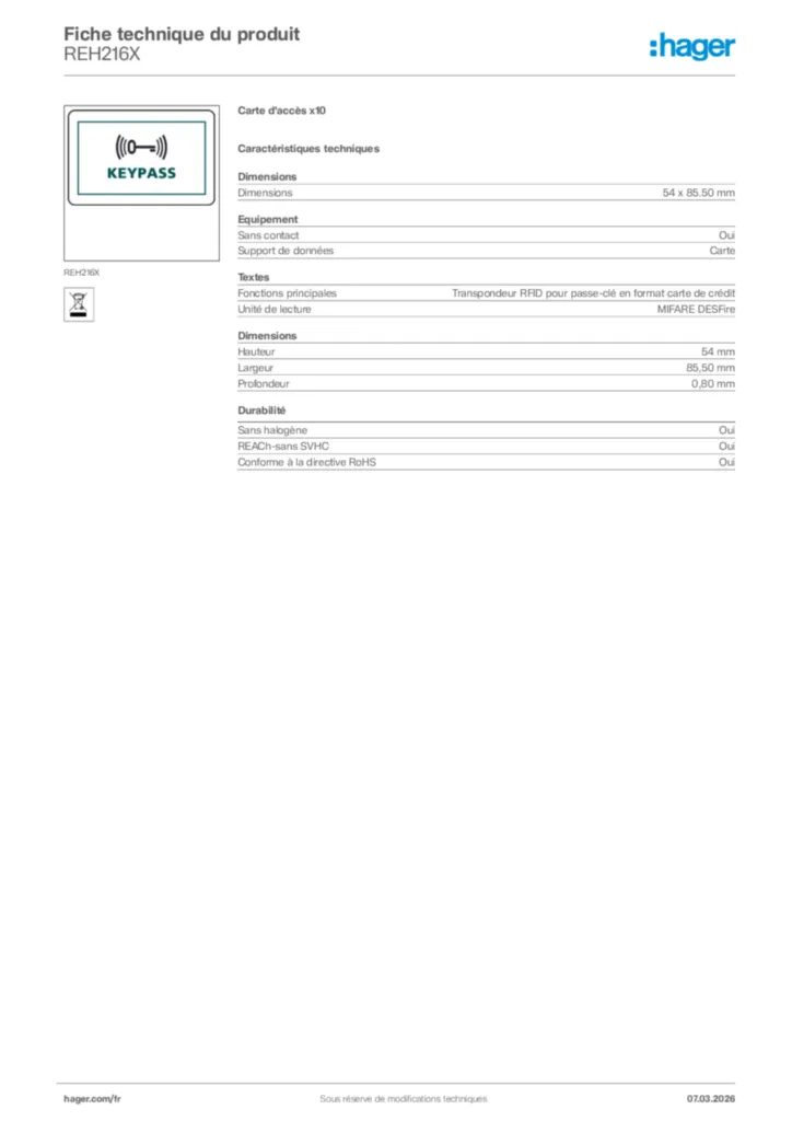 Image Hager Fiche technique du produit REH216X | Hager France
