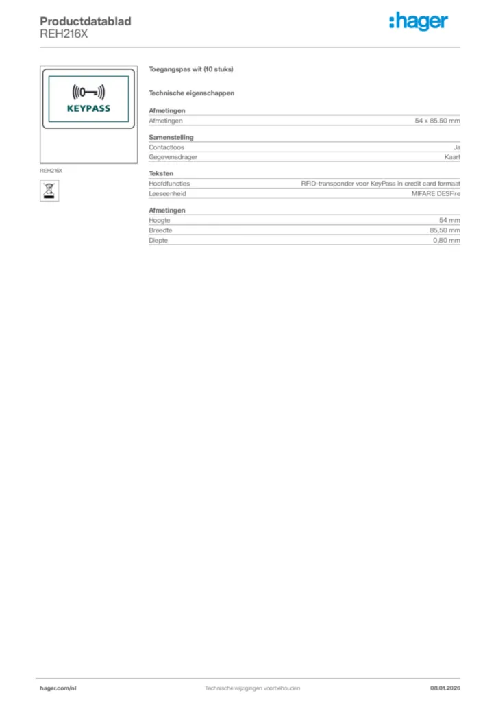 Afbeelding Hager Productdatablad REH216X | Hager Nederland