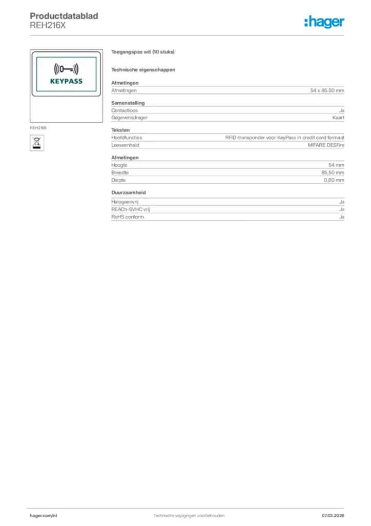 Afbeelding Hager Productdatablad REH216X | Hager Nederland