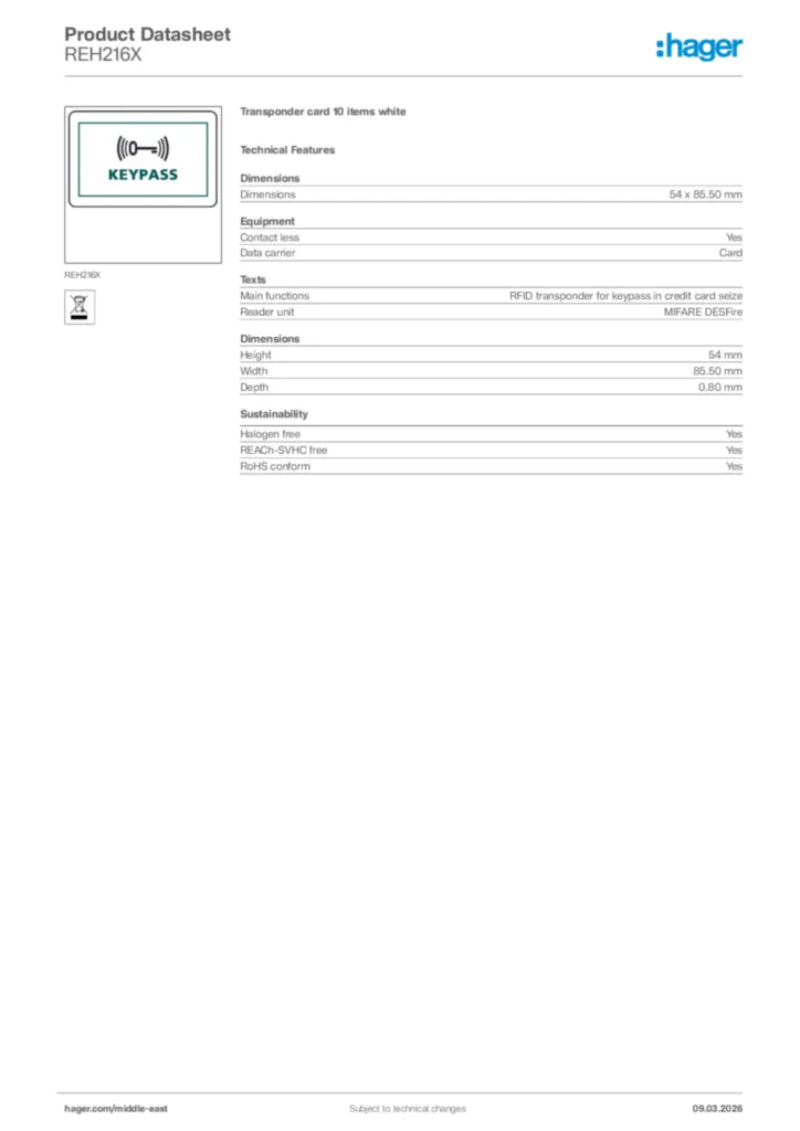 Image Hager Product data sheet REH216X  | Hager