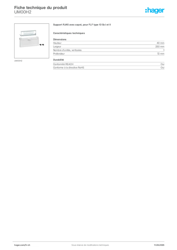 Image Hager Fiche technique du produit UM00H2 | Hager Suisse