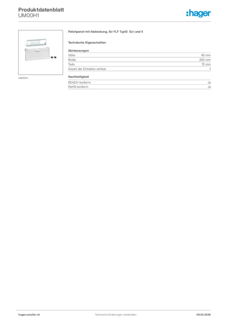 Bild Hager Produktdatenblatt UM00H1 | Hager Schweiz