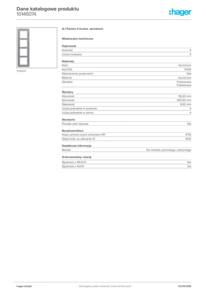 Zdjęcie Hager Karta katalogowa 10146074 | Hager Polska