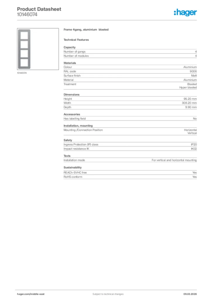 Image Hager Product data sheet 10146074  | Hager