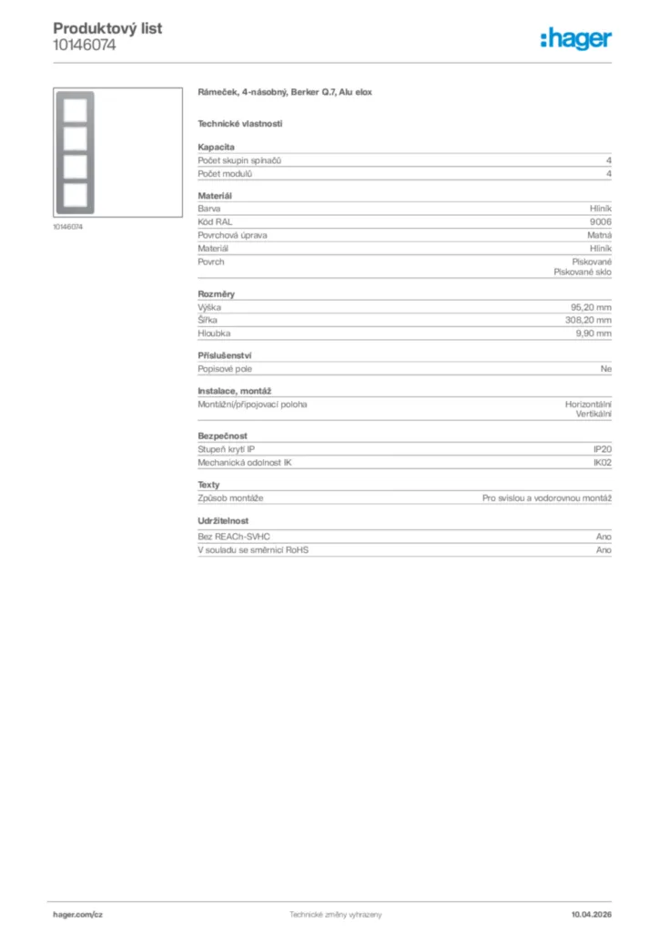 Obrázek Hager Product data sheet 10146074 | Hager
