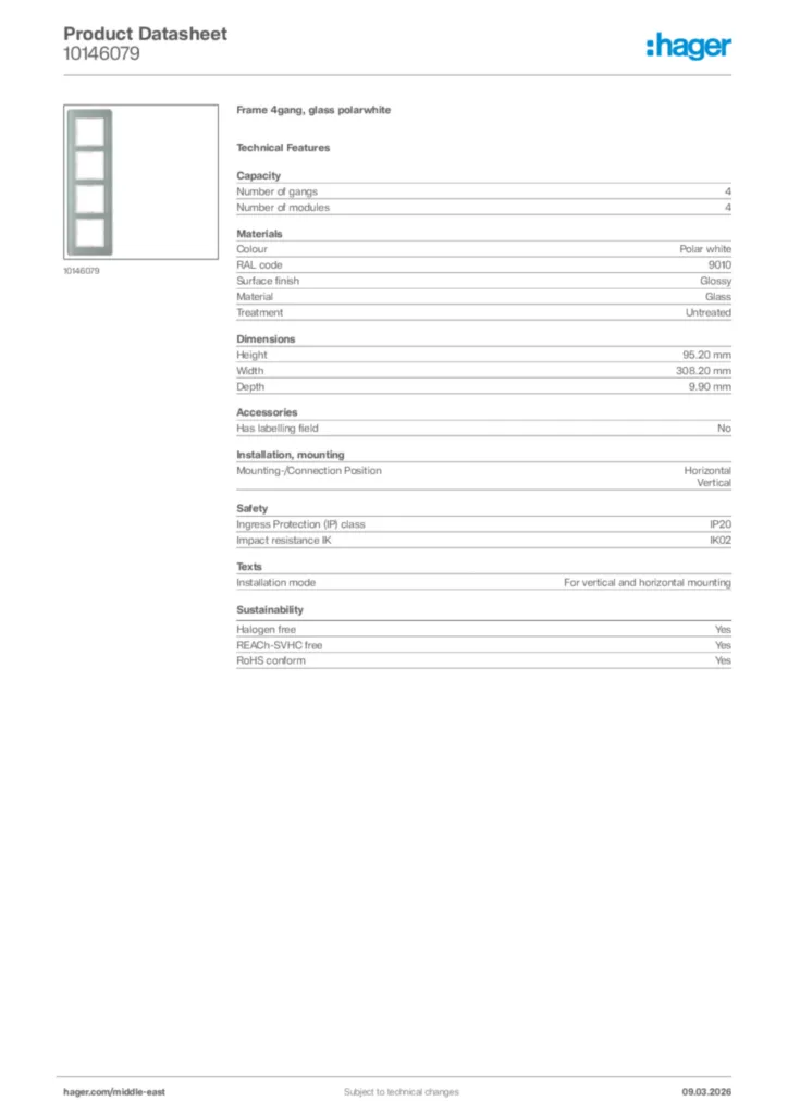 Image Hager Product data sheet 10146079  | Hager