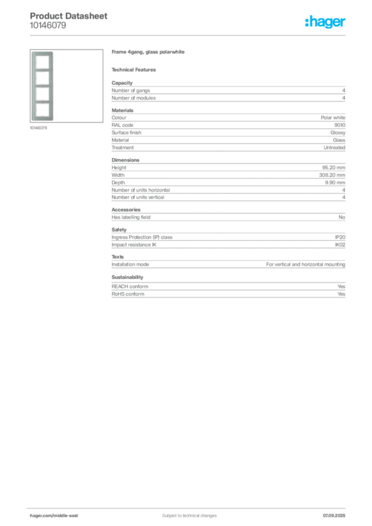 Image Hager Product data sheet 10146079  | Hager