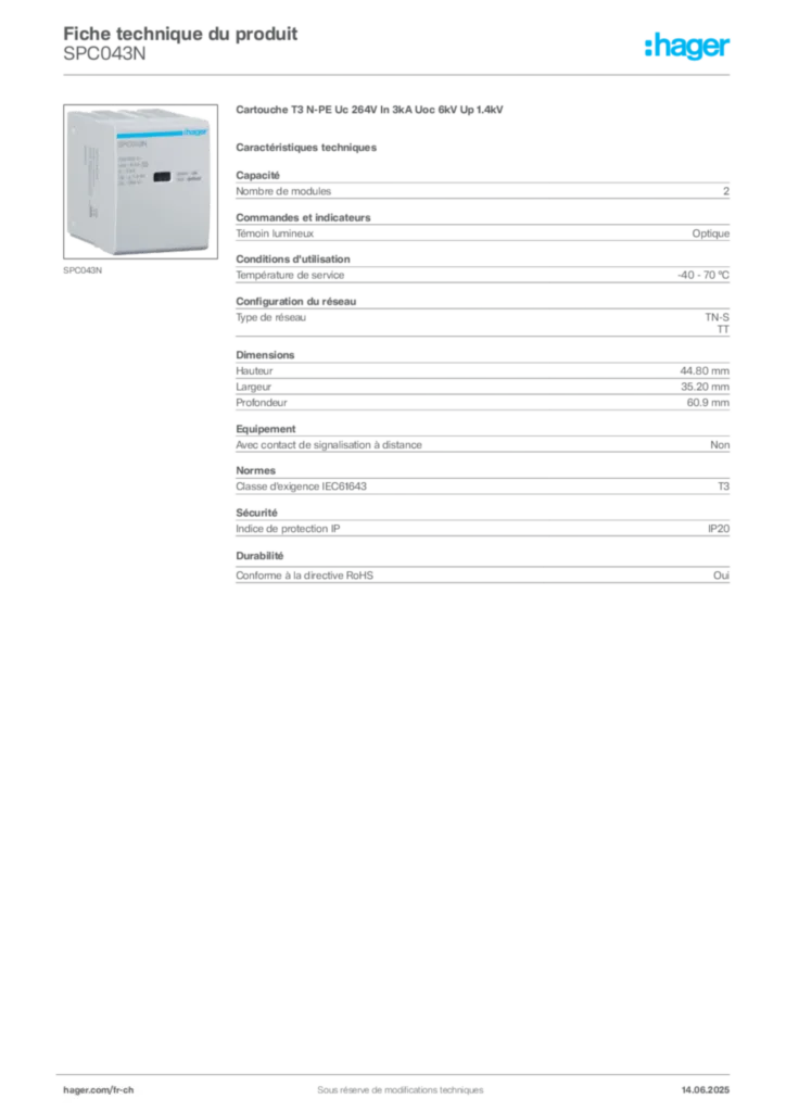 Image Hager Fiche technique du produit SPC043N | Hager Suisse