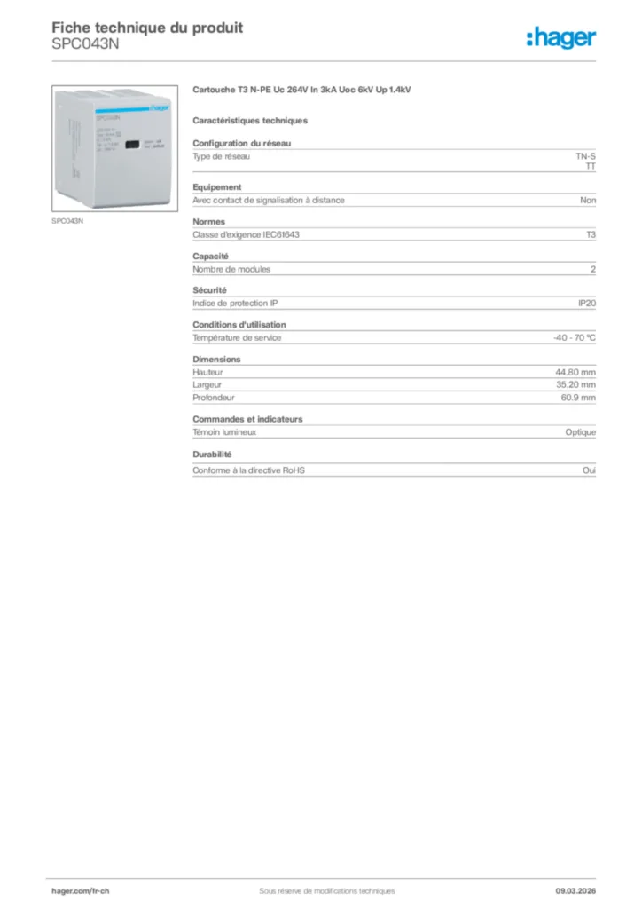 Image Hager Fiche technique du produit SPC043N | Hager Suisse