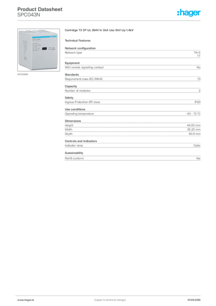 Image Hager Product data sheet SPC043N  | Hager