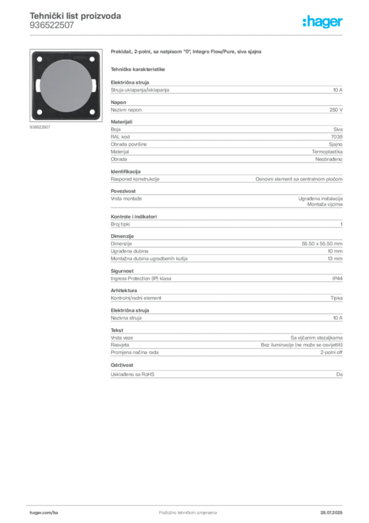 Slika Hager Product data sheet 936522507  | Hager