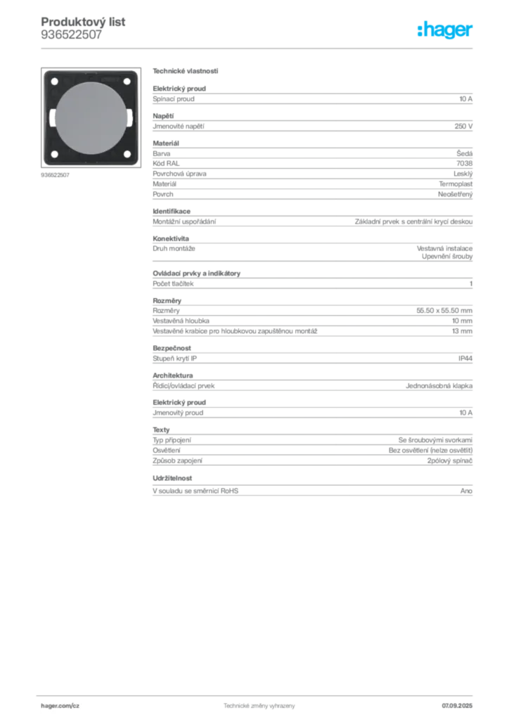Obrázek Hager Produktový list 936522507 | Hager