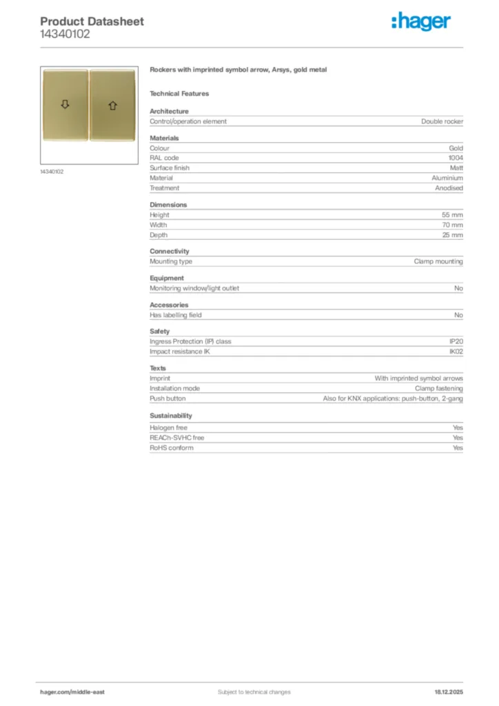 Image Hager Product data sheet 14340102  | Hager
