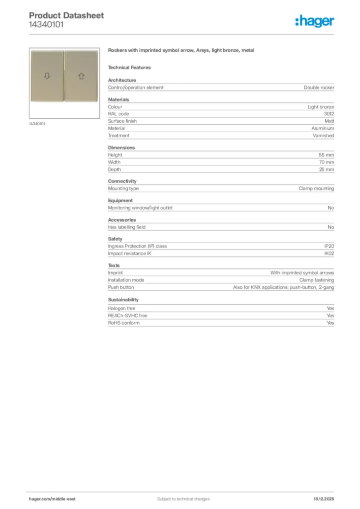 Image Hager Product data sheet 14340101  | Hager
