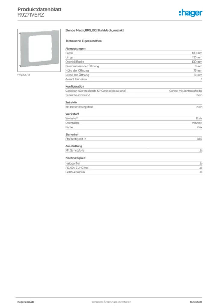 Bild Hager Produktdatenblatt R9271VERZ | Hager Deutschland