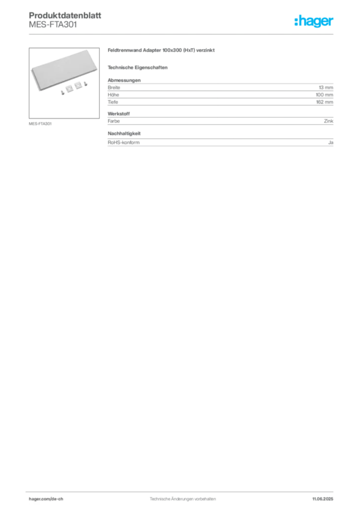 Bild Hager Produktdatenblatt MES-FTA301 | Hager Schweiz