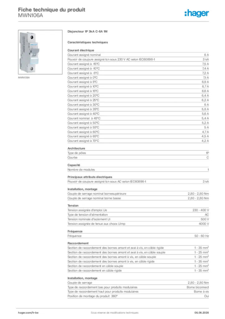 Image Hager Fiche technique du produit MWN106A | Hager Belgique