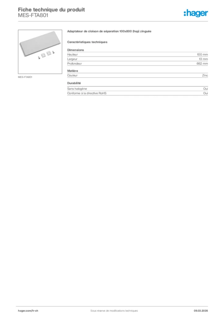 Image Hager Fiche technique du produit MES-FTA801 | Hager Suisse