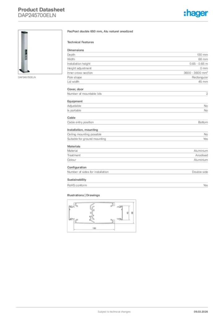 Image Hager Product data sheet DAP245700ELN  | Hager Africa
