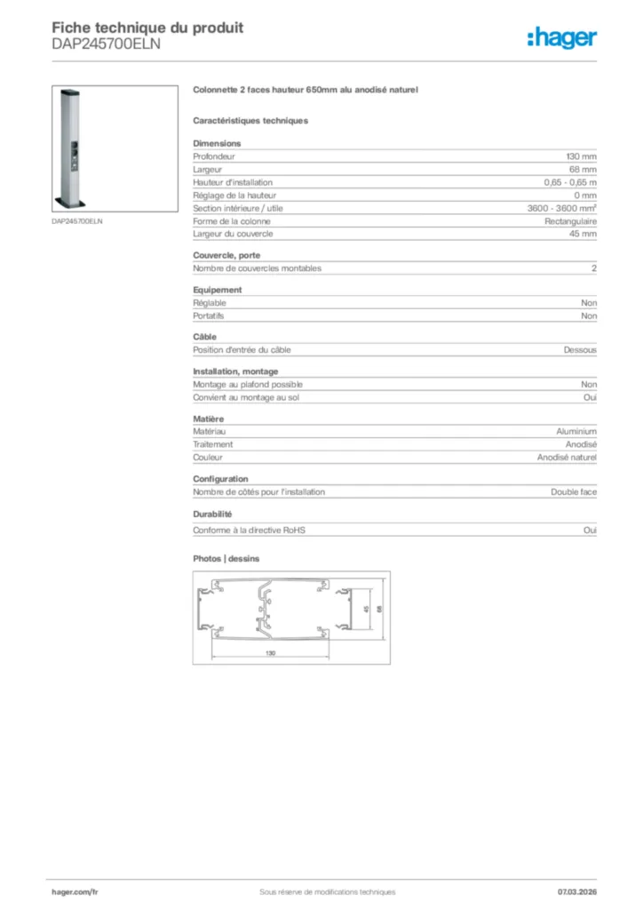 Image Hager Fiche technique du produit DAP245700ELN | Hager France