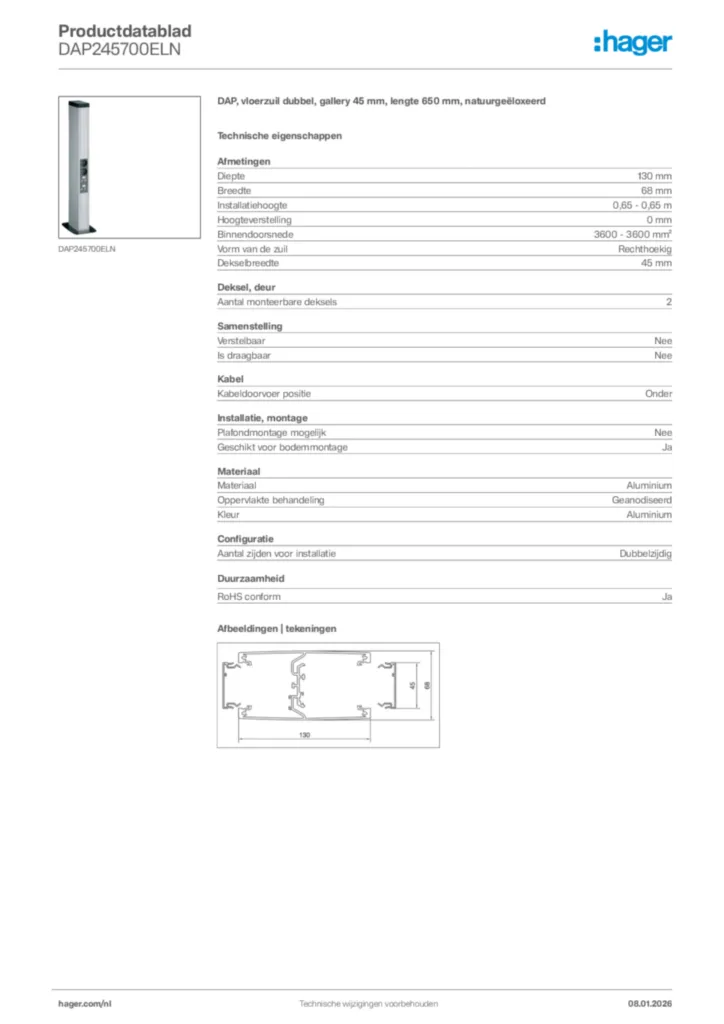 Afbeelding Hager Productdatablad DAP245700ELN | Hager Nederland