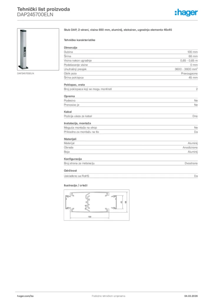 Slika Hager Tehnički list proizvoda DAP245700ELN  | Hager