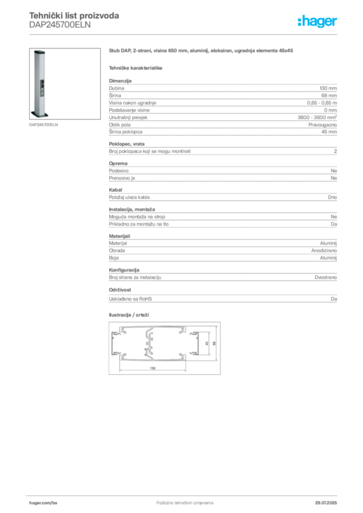 Slika Hager Product data sheet DAP245700ELN  | Hager