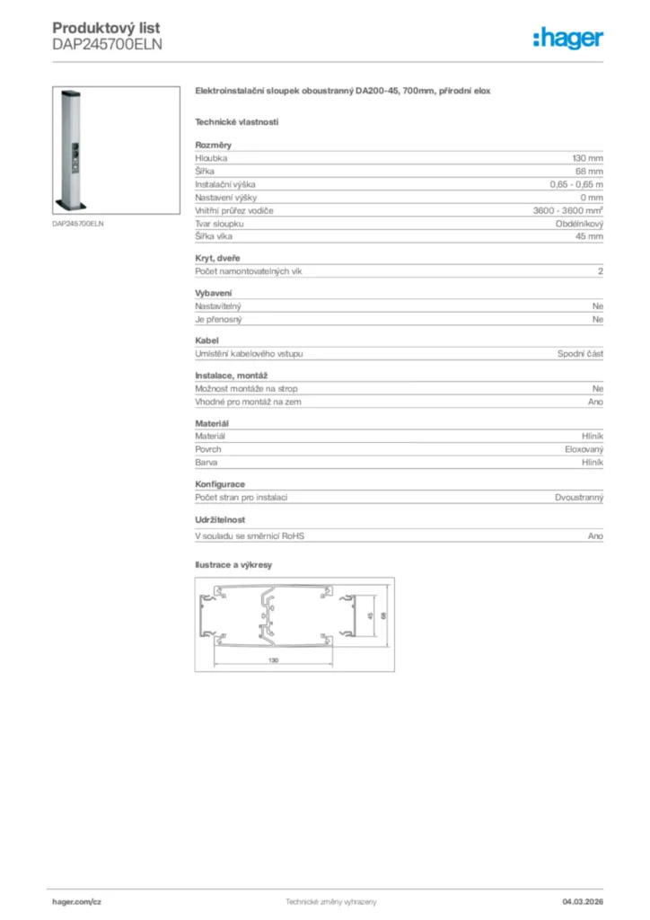 Obrázek Hager Product data sheet DAP245700ELN | Hager