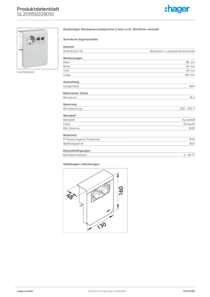 Bild Hager Produktdatenblatt SL201159239010 | Hager Deutschland