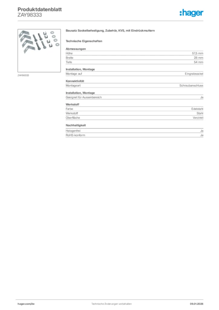 Bild Hager Produktdatenblatt ZAY98333 | Hager Deutschland