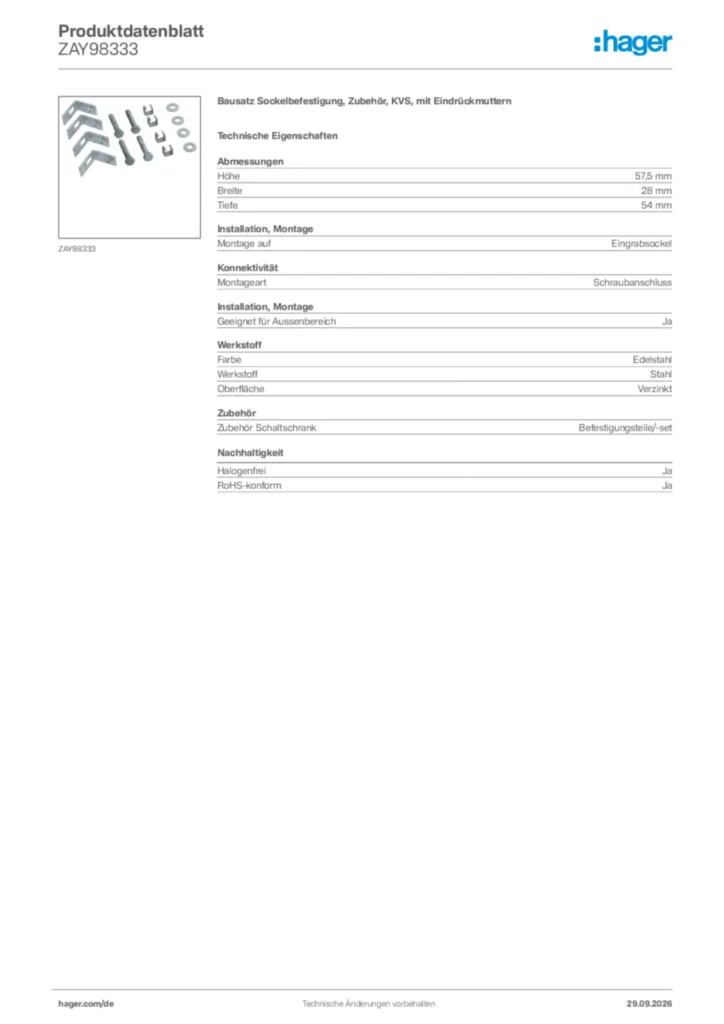Bild Hager Produktdatenblatt ZAY98333 | Hager Deutschland