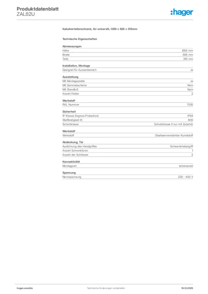 Bild Hager Produktdatenblatt ZAL82U | Hager Deutschland