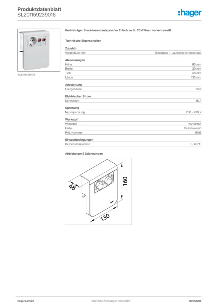 Bild Hager Produktdatenblatt SL201159239016 | Hager Deutschland