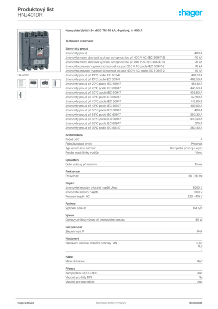 Obrázek Hager Produktový list HNJ401DR | Hager