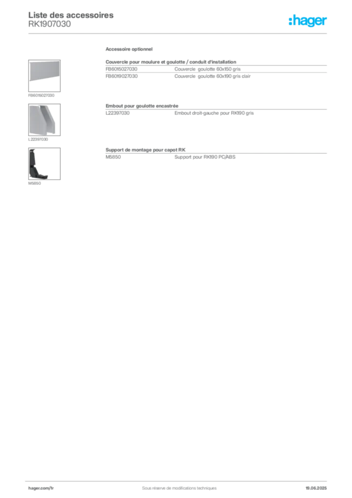 Image Hager Fiche technique du produit RK1907030 | Hager France