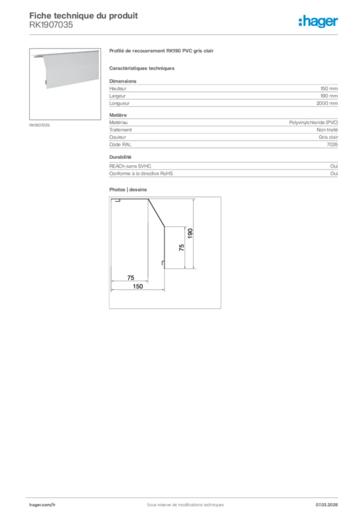 Image Hager Fiche technique du produit RK1907035 | Hager France
