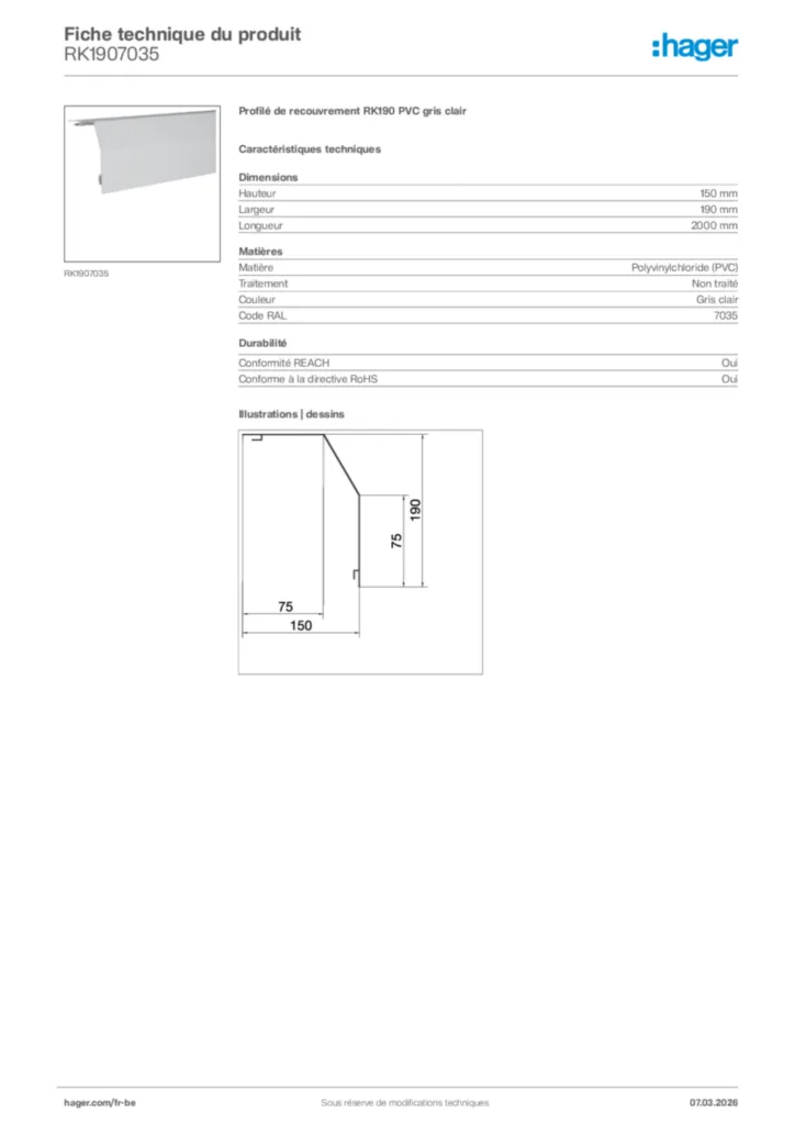 Image Hager Fiche technique du produit RK1907035 | Hager Belgique