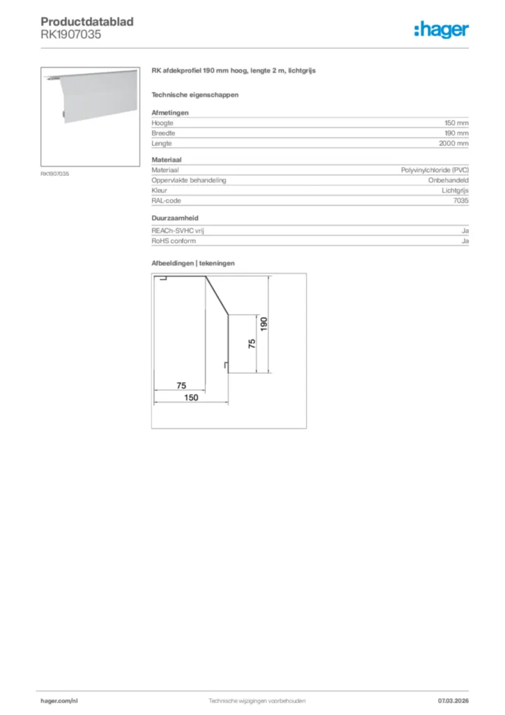 Afbeelding Hager Productdatablad RK1907035 | Hager Nederland
